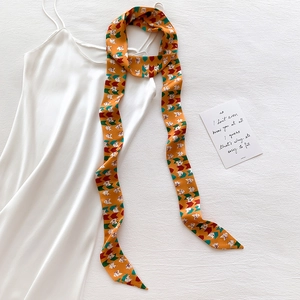Women Skinny Scarf Long Imitation Satin Twilly Hair Ribbon Bag Decor Neck Tie Geometric Print Cat Pattern Fashion Accessory