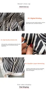 Detail of digital print and double-edged lock on soft faux silk striped square scarf