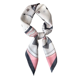Fashionable square neck scarf with star and retro character prints in geometric pink and grey