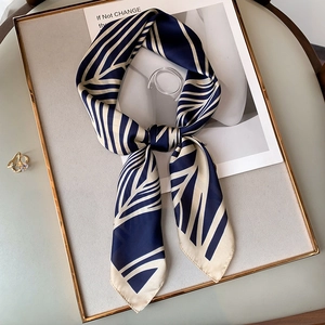 Elegant navy and beige striped silk scarf presented in a luxury decorative frame