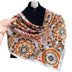 Fashionable mandala print square shawl for women with bohemian patterns in orange and brown