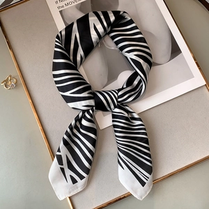 Fashionable zebra striped black and white silk square scarf for women neck or hair