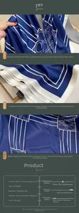 Dettaglio del foulard quadrato 90x90cm con motivi geometrici blu e bordi arrotolati