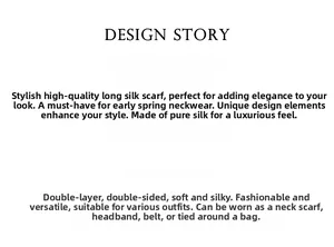 Detail guide showing 100% silk skinny scarf styling as a headband or bag handle wrap