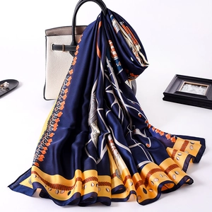 Retro horse carriage silk scarf in navy blue with vintage geometric pattern and satin finish