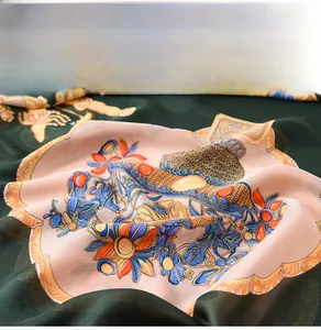 Detail of vintage floral print fabric with deep green and orange scroll patterns