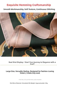 Close-up of fine hemmed edges on a vintage floral silk-feel scarf, size 90x180cm