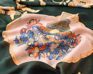 Macro detail of vintage Baroque floral silk scarf showing fine rolled edges and satin sheen