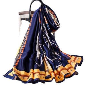 Vintage carriage chain silk scarf in navy blue and orange with satin finish