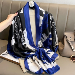 Artistic vintage silk shawl with blue floral abstract print and navy border