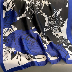 Vintage floral silk scarf with large blue roses and smooth satin texture for women