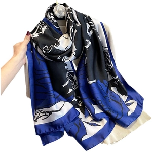 Artistic blue and white floral silk scarf shawl for sun protection and beach wear