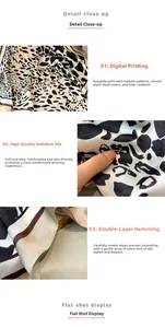 Detailed view of leopard print silk scarf with digital printing and double-edge stitching