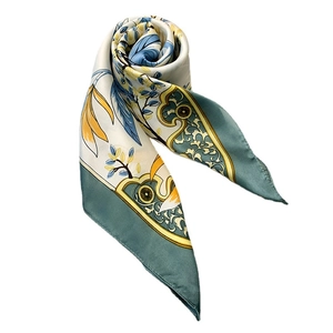 Floral print satin neck scarf with vintage green borders and elegant botanical patterns