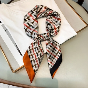 Foulard Carré en Satin Élégant pour Femmes Imprimé Géométrique Pied-de-Poule Mode Soie Décoratif Cheveux Bandeau