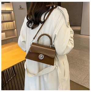 Sac boîte en cuir marron avec fermoir argenté porté par un mannequin dans une boutique