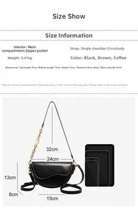 Detailed size chart for vintage saddle bag with dimensions and strap length info