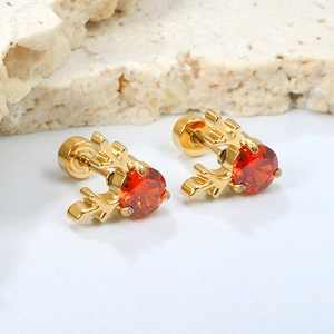 Boucles d'oreilles renne dorées avec zircon rouge brillant au design festif