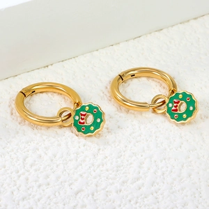 Boucles d'oreilles couronne de Noël dorées avec émail vert et nœud rouge chic