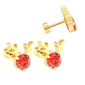 Boucles d'oreilles renne en or avec zircon rouge et fermoir à vis de sécurité