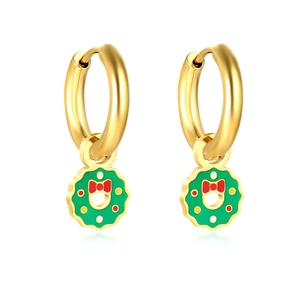 Boucles d'oreilles couronne de Noël dorées avec émail vert et nœud rouge sur blanc