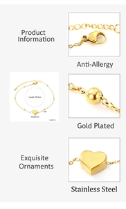 Détails de la chevillère en acier inoxydable doré avec pendentif cœur et dimensions