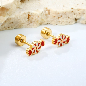 Edelstahl-Bonbon-Ohrstecker mit rot-weißem Emaille-Spiralmuster für Halloween und Weihnachten