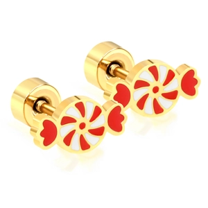 Kreative Halloween-Süßigkeiten-Ohrstecker in Gold mit rot-weißem Emaille-Spiralmuster