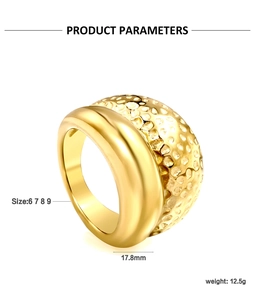 Detailed product parameters of wide 18K gold stainless steel ring with hammered texture