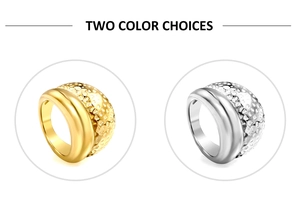 Detail of 18K gold and silver rings with dual texture polished and hammered finish