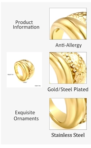 Detail of wide 18K gold-plated stainless steel ring with hammered texture and size guide
