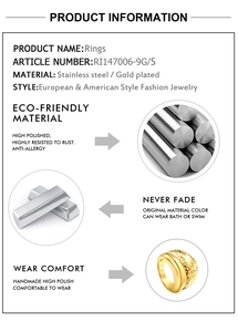 Detailing 18K gold plated stainless steel ring features with anti-rust and waterproof material