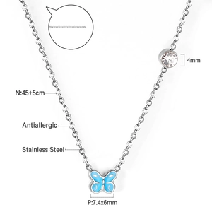 Détails du pendentif papillon bleu et chaîne en acier inoxydable avec diamant 4mm