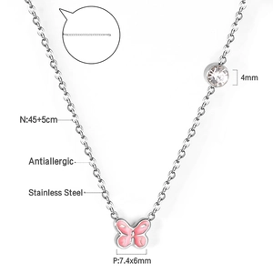 Vue détaillée des spécifications du collier papillon rose et dimensions en acier