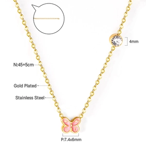 Collier papillon en acier inoxydable plaqué or avec émail rose et zircon blanc