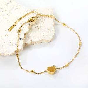 Bracelet De Cheville Coeur Acier Inoxydable Perles Chaîne De Pied Plaqué Or Bijoux De Plage Minimalistes Pour Femmes