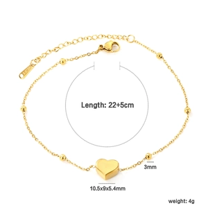 Bracelet de cheville en acier doré avec pendentif cœur et perles pour femme réglable
