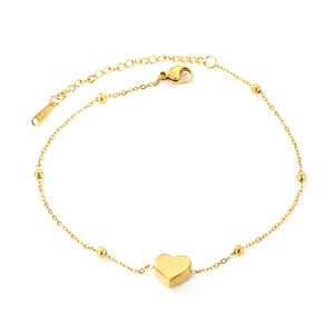 Bracelet de cheville en acier doré avec cœur et perles, fermoir homard ajustable
