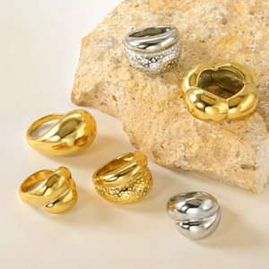 Minimalist Stainless Steel Ring 18K Gold Plated Chunky Dome Geometric Hammered Texture Finger Ring For Women Fashion Jewelry