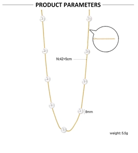Detailed product parameters of gold pearl necklace showing 42+5cm length and 8mm pearl size