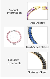 Details der Tennisarmbänder mit bunten Steinen inklusive Maßen und Verschlussdesign