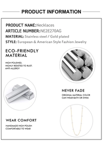 Detailed product spec sheet showing gold plated stainless steel necklace with pearl accents