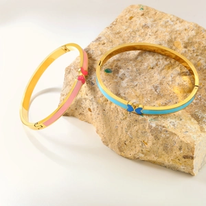 Stainless Steel Gold Plated Enamel Bangle Butterfly Heart Shape Waterproof Jewelry For Women Girls Elegant