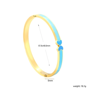 Gold oval enamel bangle with blue heart butterfly design and 57.6x49.5mm inner diameter