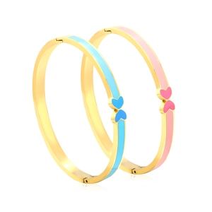 Elegant gold stainless steel butterfly bangles with blue and pink enamel finish for women