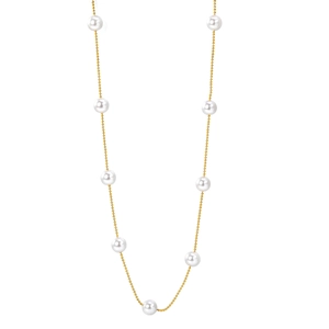 Elegant gold plated stainless steel necklace featuring spaced white pearls on a bead chain
