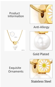 Détails du collier marguerite avec perle 12mm et chaîne en acier inoxydable plaqué or