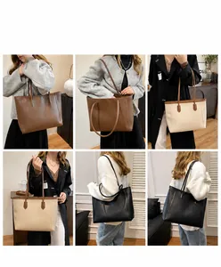 Detailed views of high-capacity tote bags in brown, beige, and black on a model