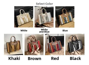 Grid display of striped canvas tote bags in seven color options with leather handles