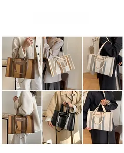 Detailed views of striped canvas tote bags in brown, khaki, and black showing various angles